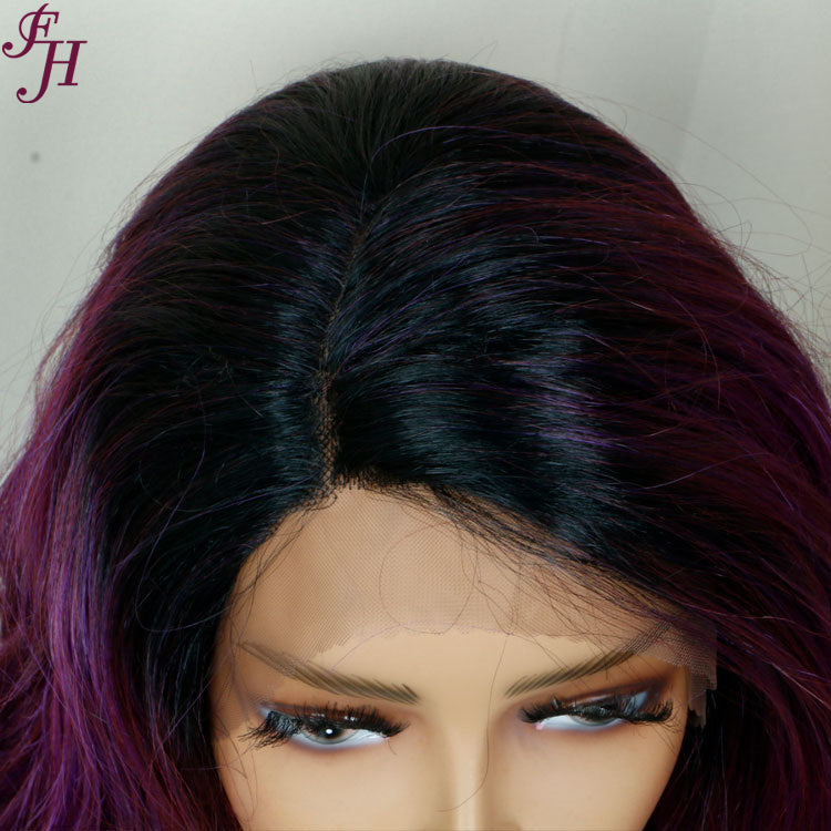 FH P13834 T part lace closure black&purple synthetic hair wig