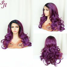 Load image into Gallery viewer, FH P13834 T part lace closure black&amp;purple synthetic hair wig