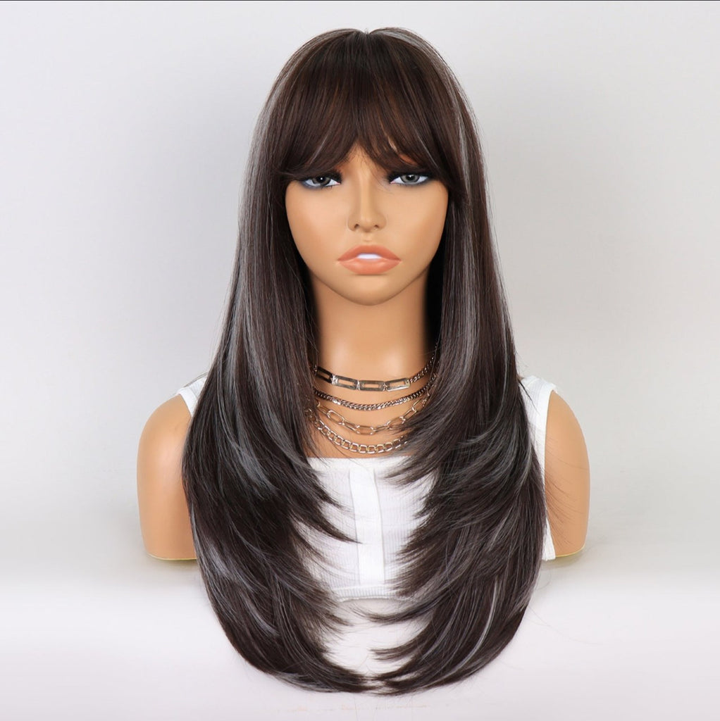 no40 ✨2PCS 50% OFF✨ FH P14240 Ombre Brown Gray Natural Wavy  Synthetic Wig with Bang