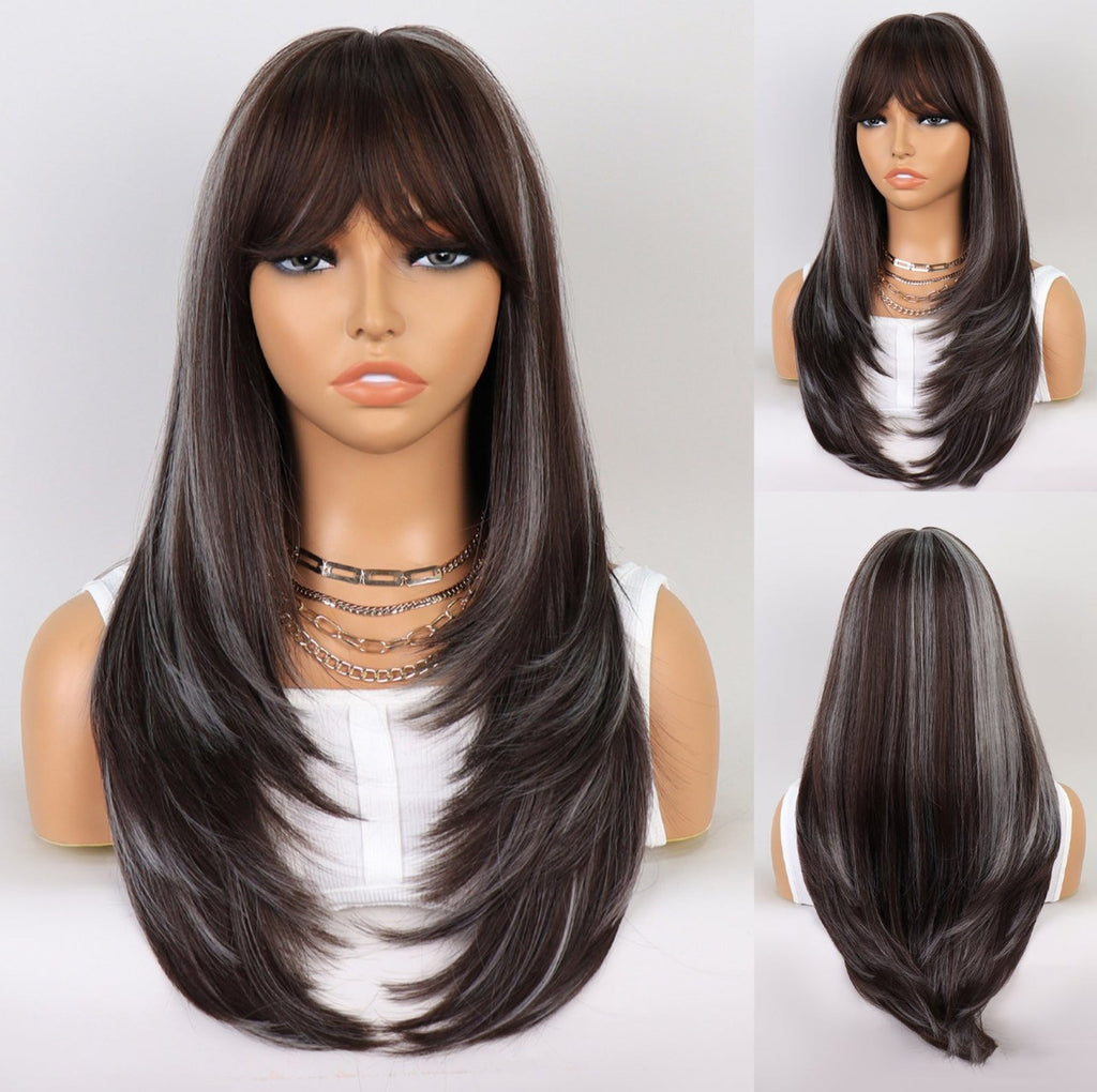 no40 ✨2PCS 50% OFF✨ FH P14240 Ombre Brown Gray Natural Wavy  Synthetic Wig with Bang