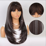 no40 ✨2PCS 50% OFF✨ FH P14240 Ombre Brown Gray Natural Wavy  Synthetic Wig with Bang