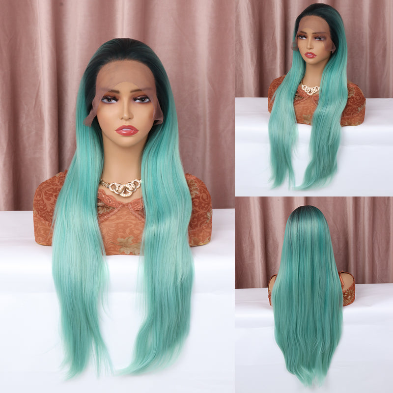 FHTK green straight lace front synthetic wig