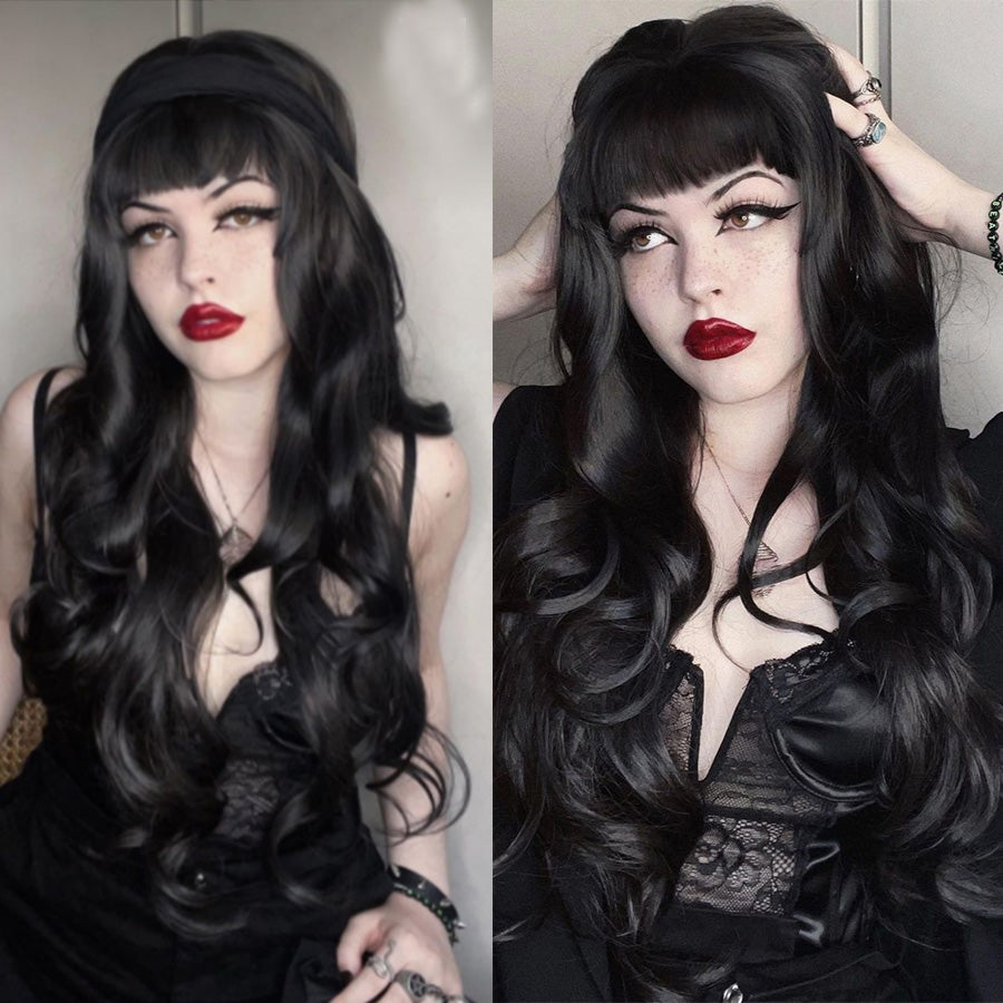 FH P13846 black wavy machine made with bang synthetic wig